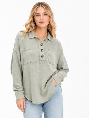 American Eagle Textured Knit Collared Button Pullover Sage Green